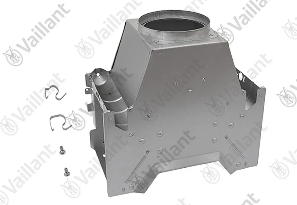 Vaillant Strömungssicherung aus Metall mit mehreren Befestigungslöchern, einer runden Öffnung oben und Zubehörteilen wie Haken und Schrauben.